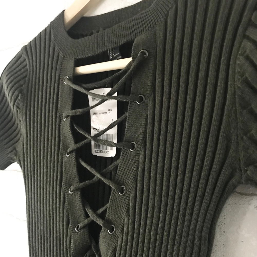 Olive Green Ribbed Mini Dress - size Small